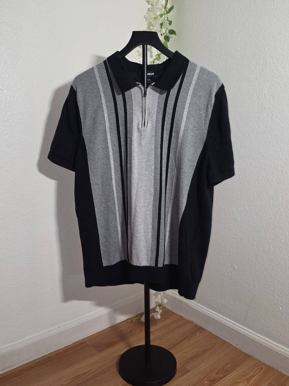 Express Black and Gray Vertical-Stripe Zip Polo